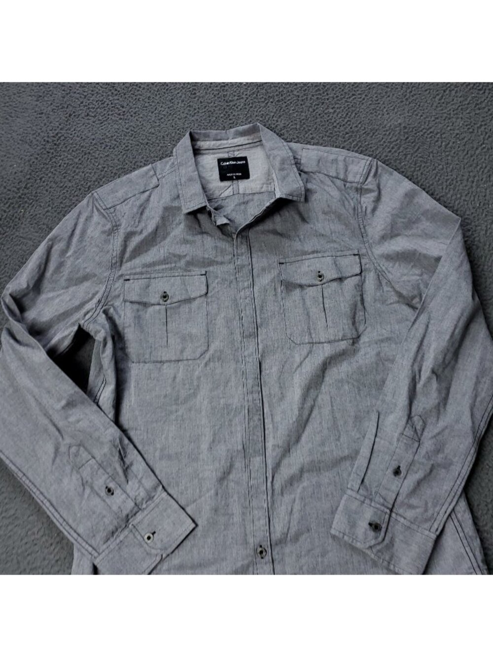 Calvin Klein Button Shirt Mens L Large Long Sleeve Gray CK Jeans Casual Pockets